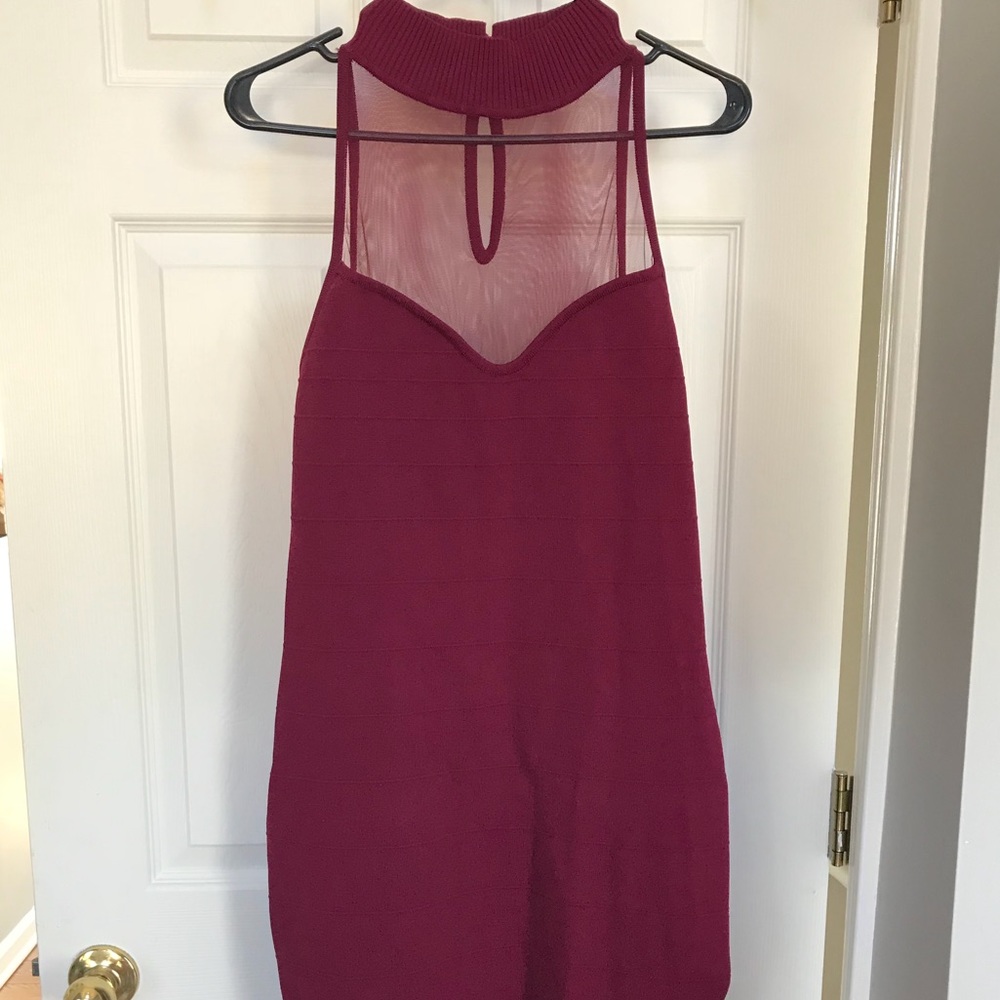 Burgundy Bodycon Dress w/ Mesh Cleavage & Back